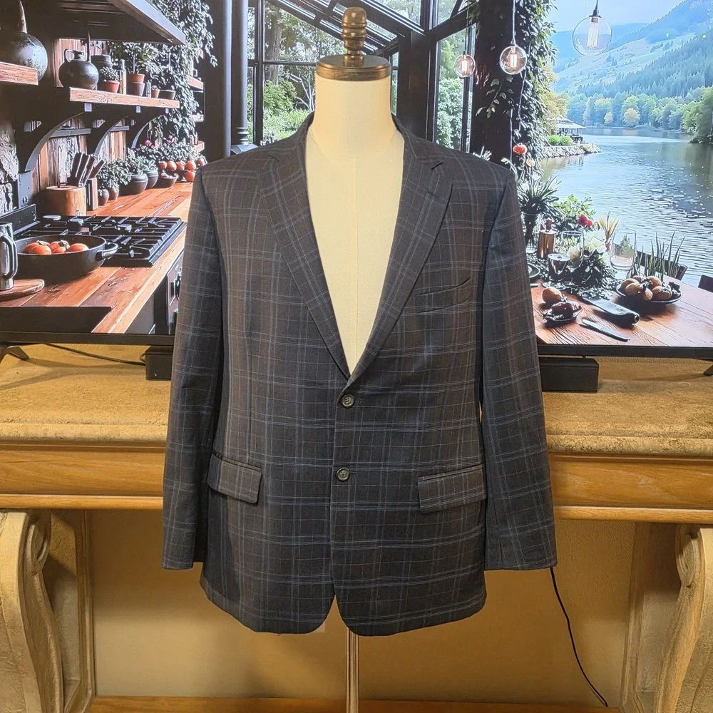 BROOKS BROTHERS Mens 44R Fitgerald Blue Plaid Windowpane Jacket Blazer Sportcoat